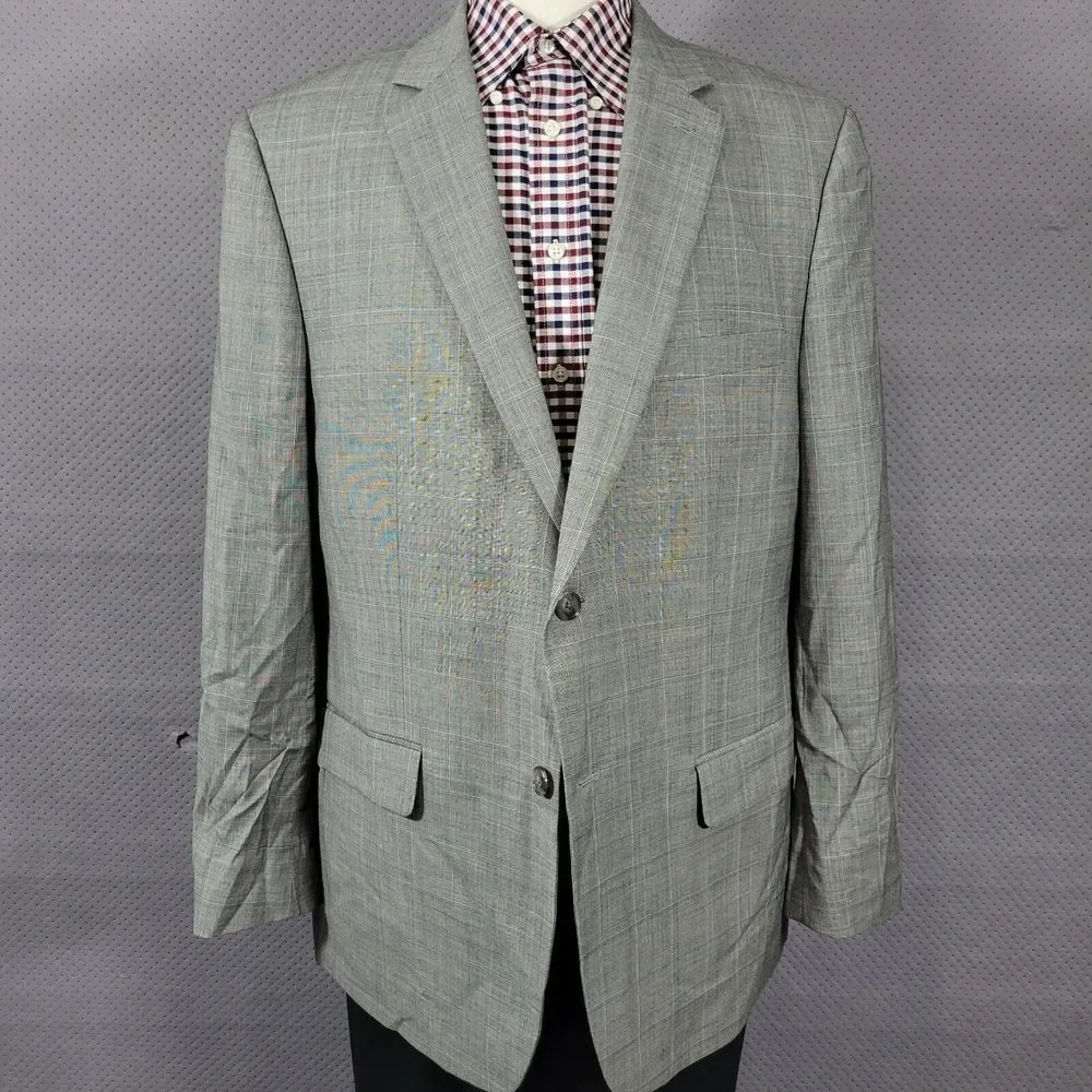 Tasso Elba Men's Sport Coat Blazer‎ Two Button Gray Plaid Shark Skin Wool 44R